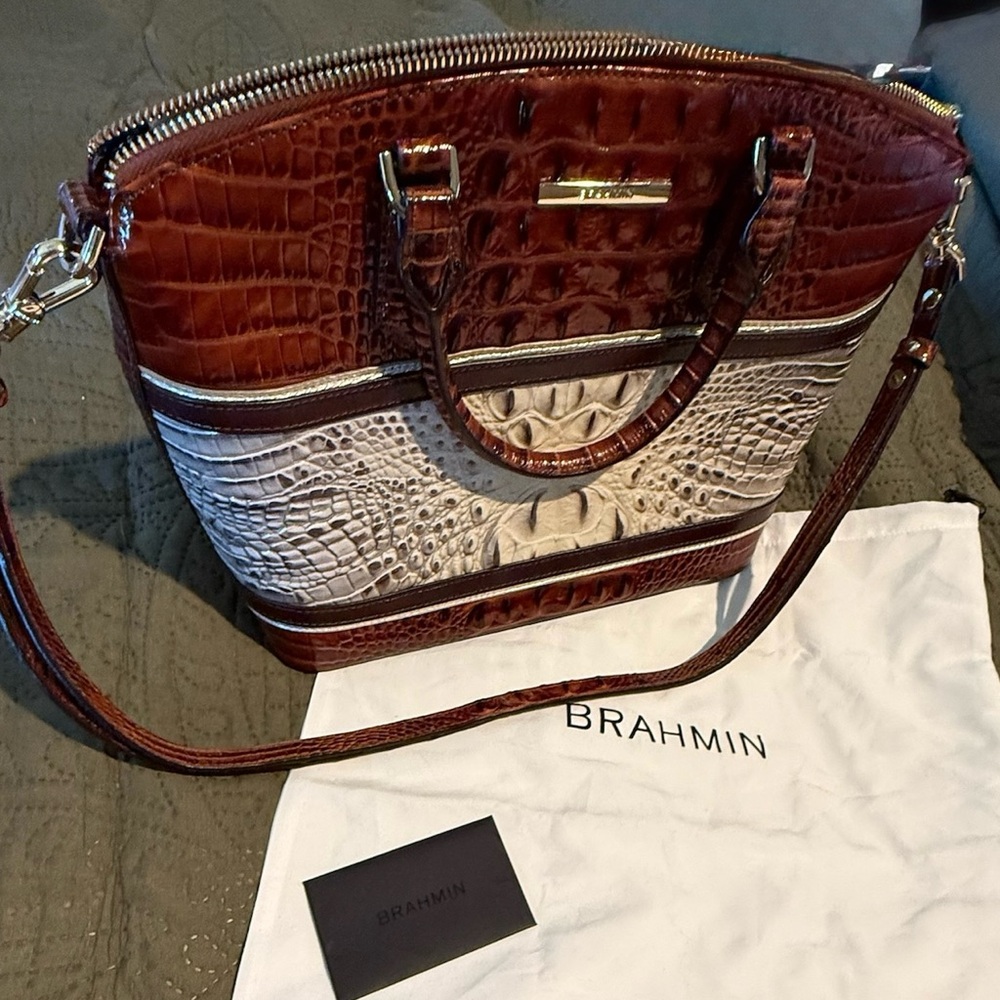 BRAHMIN Elegant Brown and Cream Croc-Embossed Women's shoulder satchel - Picture 2 of 7